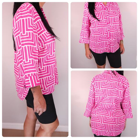 Chicos Size 3 No-Iron Linen Enamel Maze Loop-Back Tunic Top Blouse Pink Coastal - Picture 1 of 9